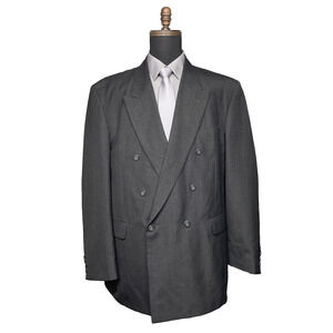 Vtg London Square Mens 46R Gray Maroon Pinstripe‎ Wool Blend Dbl Breasted Blazer
